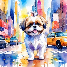 shih tzu in new york, rendered in a vibrant watercolor illustration, with a highly detailed and happy depiction.