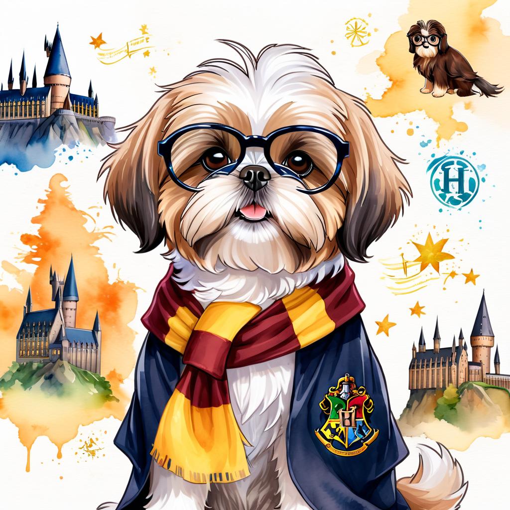 watercolor painting of shih tzu as harry potter, complete with glasses and hogwarts backdrop, highlighting a vibrant and magical scene.