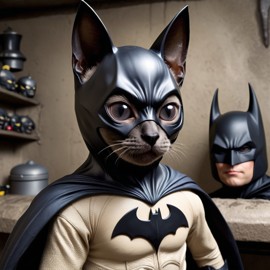 siamese cat as batman in batcave, wearing batman suit and mask, highly detailed.