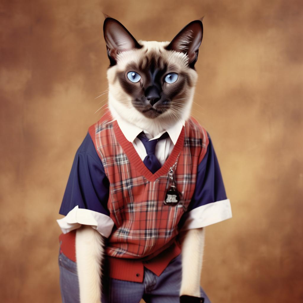 90s yearbook photo of siamese cat in old school clothing, full body, vintage background.