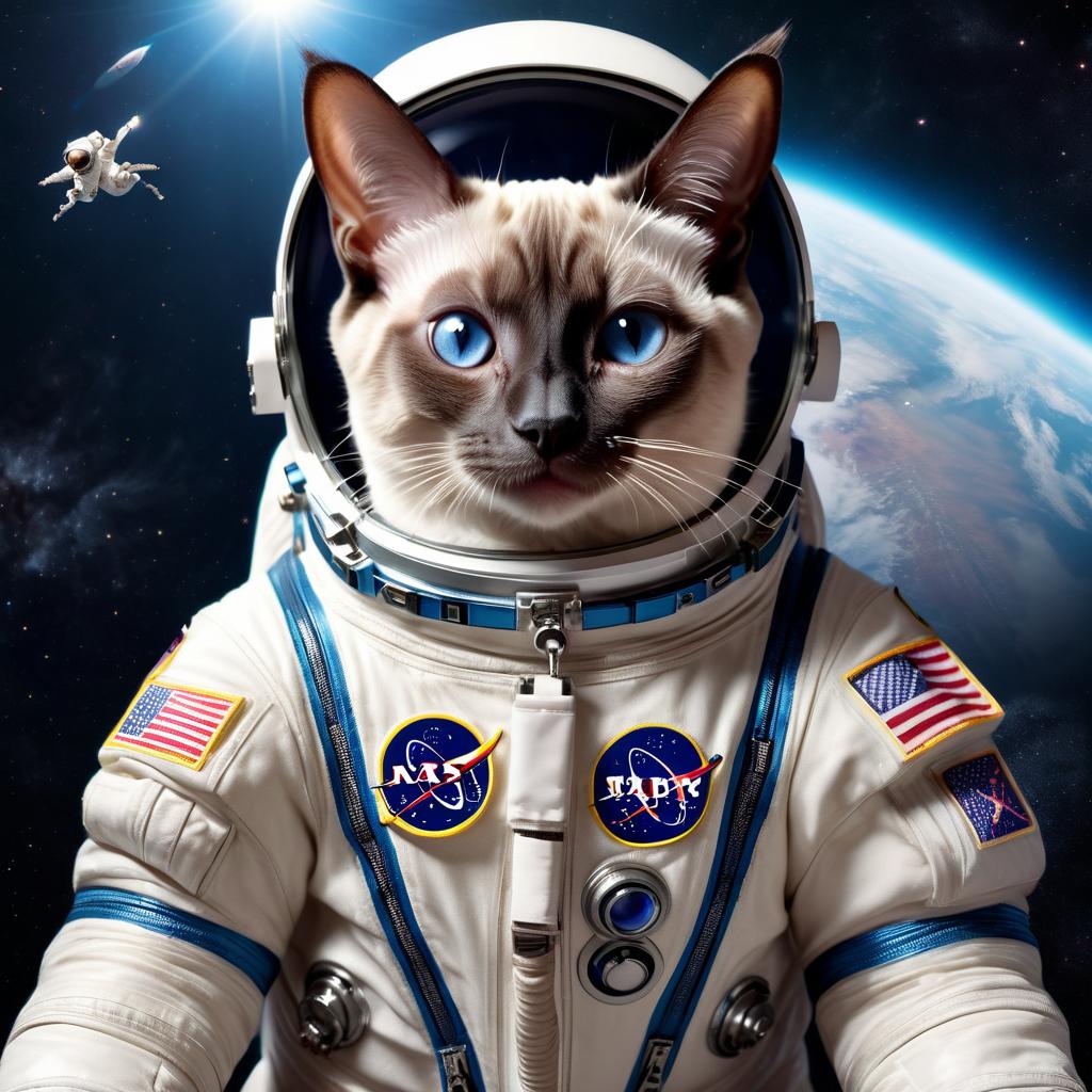 siamese cat as astronaut in space, wearing spacesuit, highly detailed and lifelike.