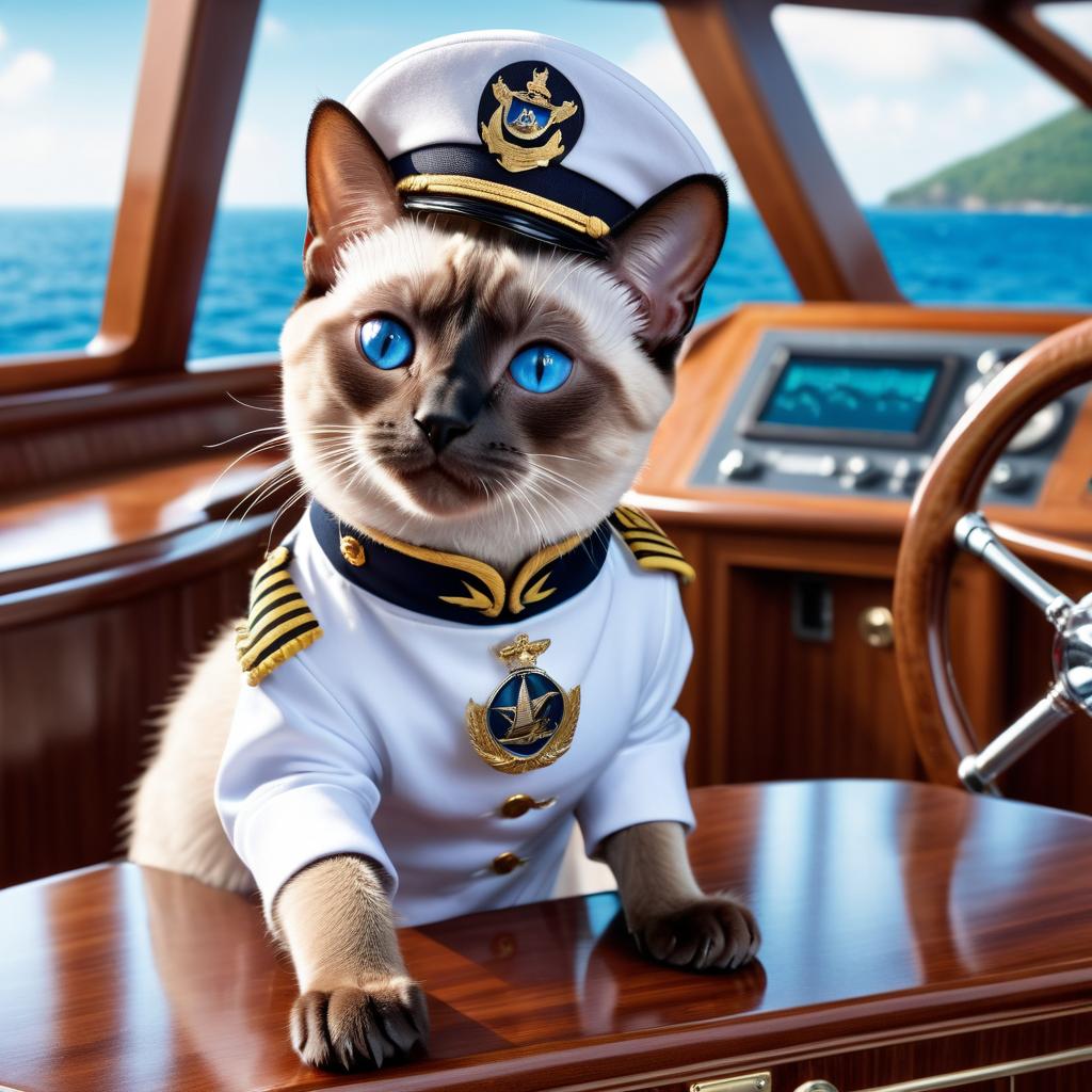 siamese cat as a captain on a luxury yacht, wearing captain uniform, highly detailed.