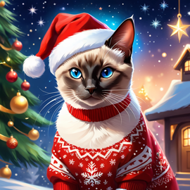 siamese cat in a christmas sweater and santa hat, ethereal and magical.