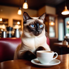 siamese cat sitting in a cozy coffee shop with a cup of coffee, detailed and vibrant.