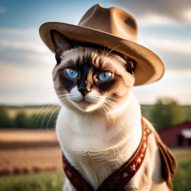 siamese cat as a cowboy wearing a hat, in the midwest countryside, on a farm.