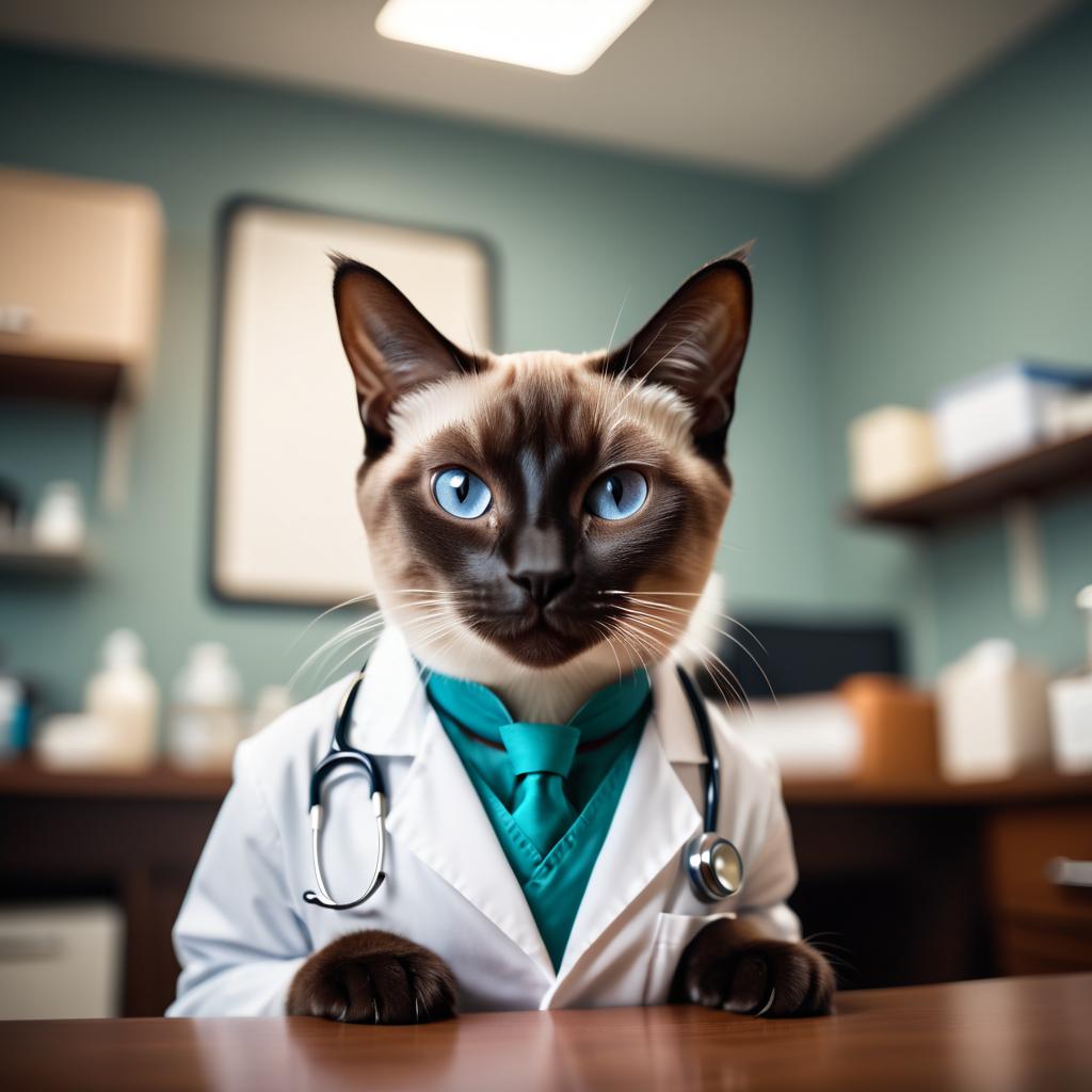 siamese cat as a doctor in an office, detailed and charming, with high budget, bokeh, and a moody atmosphere.