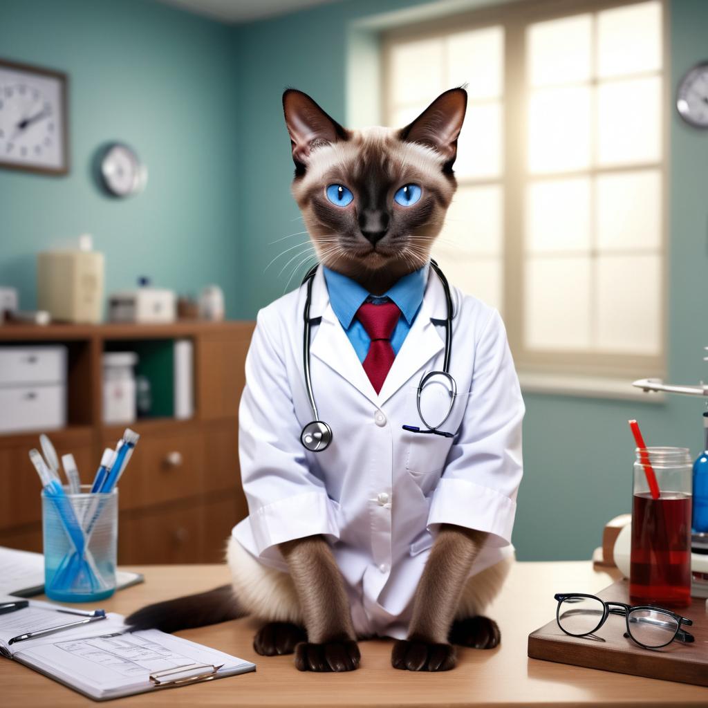 siamese cat as a doctor with extreme detail in a studio setting, lifelike and high resolution.