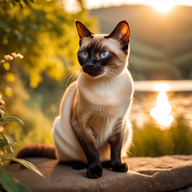 siamese cat in golden hour light, highlighting their beauty in nature with a moody and detailed atmosphere.