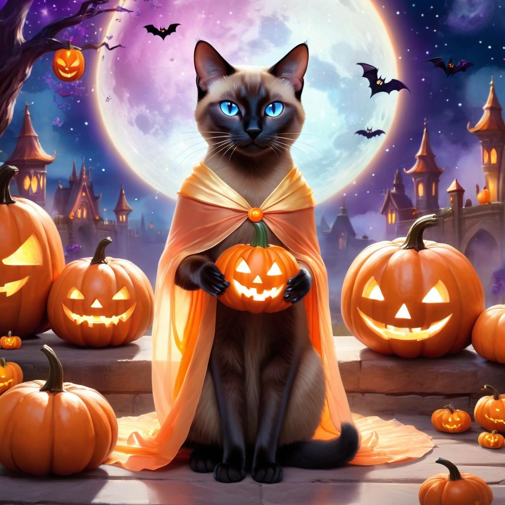 siamese cat in a halloween costume, with a magical and ethereal atmosphere surrounded by pumpkins.