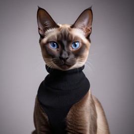 professional headshot of siamese cat wearing a black turtleneck for a cv or linkedin, studio photo.