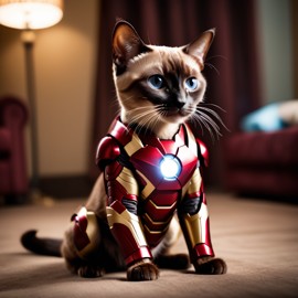 siamese cat as iron man, featuring a detailed iron man costume and a high-budget movie scene.