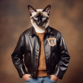 90s yearbook photo of siamese cat in a leather jacket, full body, vintage background.