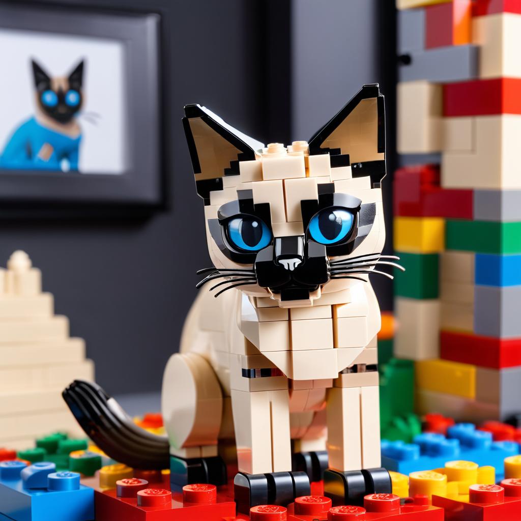 siamese cat made of lego bricks in a professional studio photo, detailed and colorful lego environment.