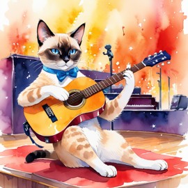 siamese cat as a musician in a watercolor painting, playing guitar in a vibrant and detailed concert hall scene.