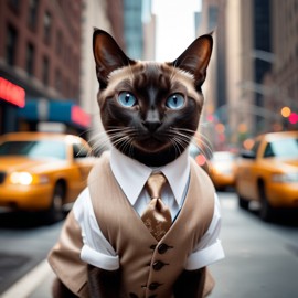 siamese cat in new york, dressed in classy clothing, against an iconic nyc backdrop with a cinematic, high-detail style.