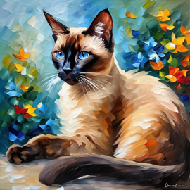 knife oil painting of siamese cat in the style of leonid afremov and degas, featuring vibrant, textured brushstrokes.