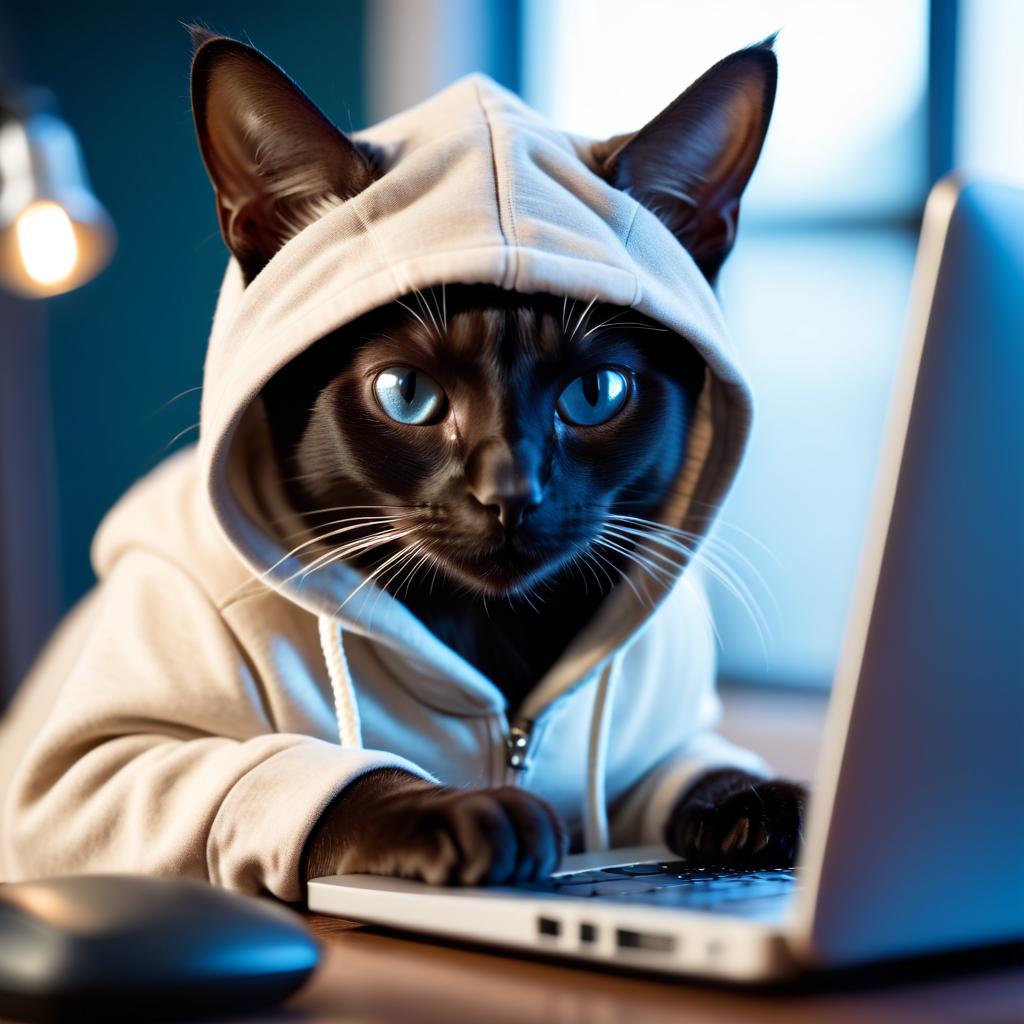 siamese cat as a programmer, working on a laptop in a hoodie, capturing a cute and happy moment.