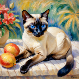 siamese cat in the style of renoir, showcasing classic artistic brush strokes and timeless elegance.