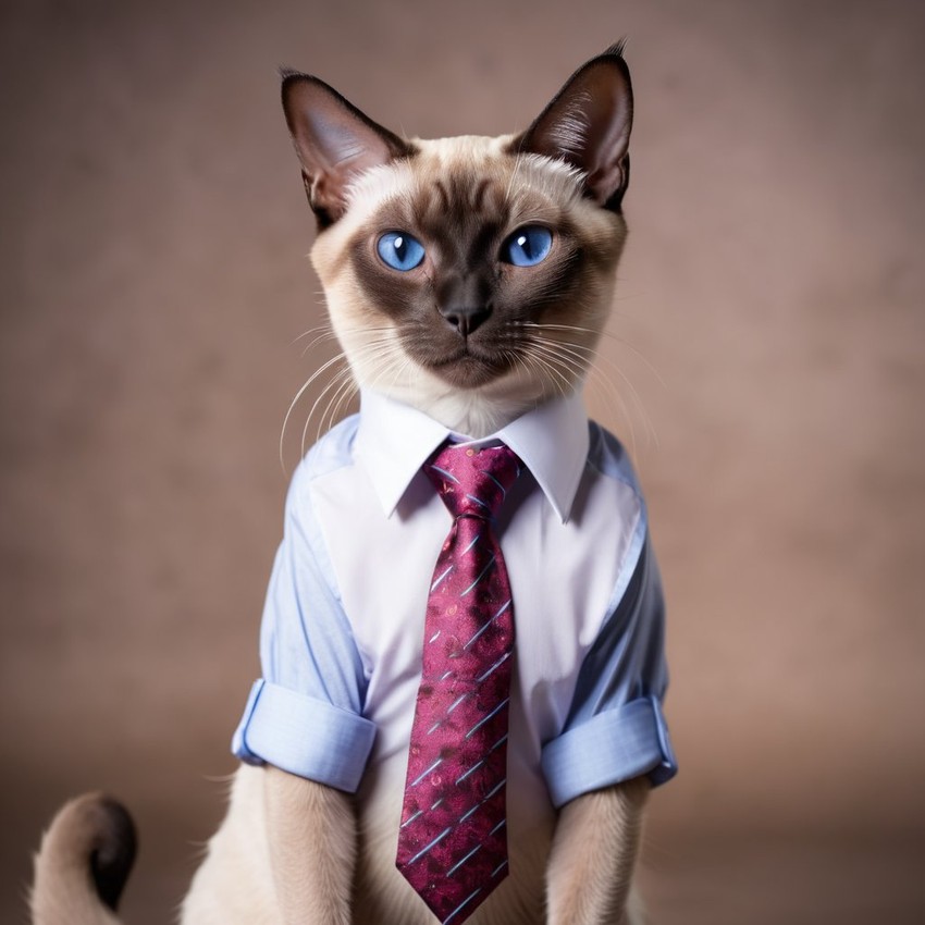 siamese cat in a stylish shirt and tie, with a diffused background, capturing their cute and professional side.