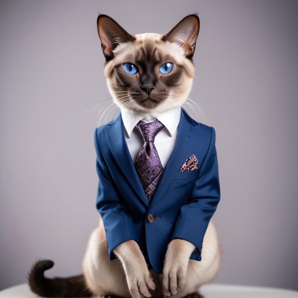 professional headshot of siamese cat wearing a stylish suit for a cv or linkedin, studio photo.