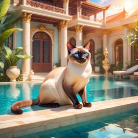 siamese cat suntanning next to a luxurious villa pool, capturing a posh and magical moment.