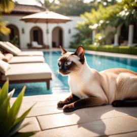 siamese cat suntanning next to a luxurious villa pool, capturing a posh and happy moment.