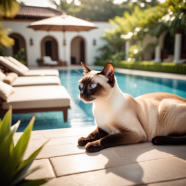 siamese-cat-sunbathing-luxury-pool-e5ae077e39264edb80fbe2a210db0965