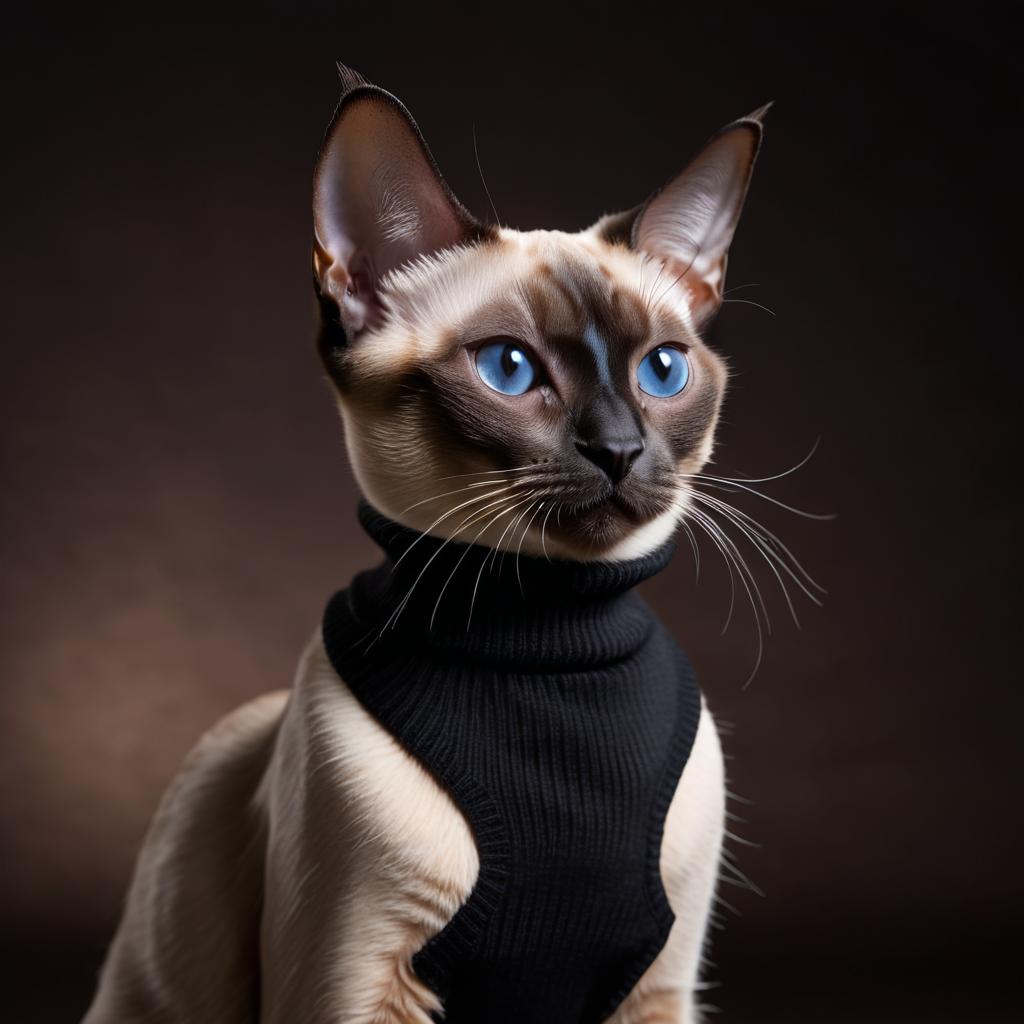 siamese cat in a black turtleneck, against a diffused background, looking cute and elegant.