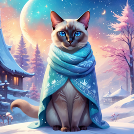 siamese cat in a winter scene, wearing stylish winter clothing, looking cute and happy.