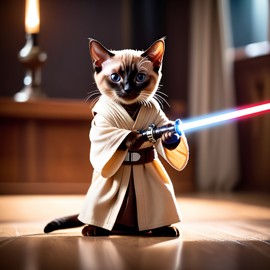 siamese cat as a jedi knight, featuring a lightsaber and a star wars environment in a high-detail, epic style.