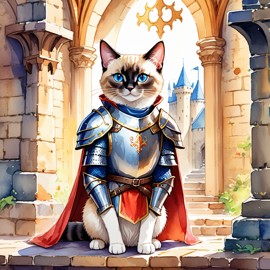 watercolor painting of siamese cat as a medieval knight in a vibrant, detailed castle scene.