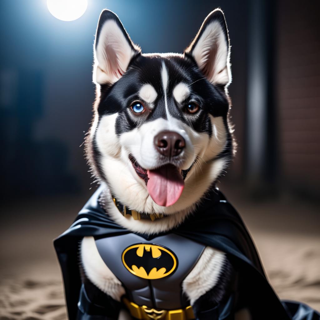 siberian husky as batman, wearing batman suit and mask, highly detailed and vibrant.