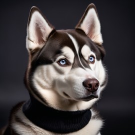 siberian husky in a black turtleneck, against a diffused background, looking cute and elegant.