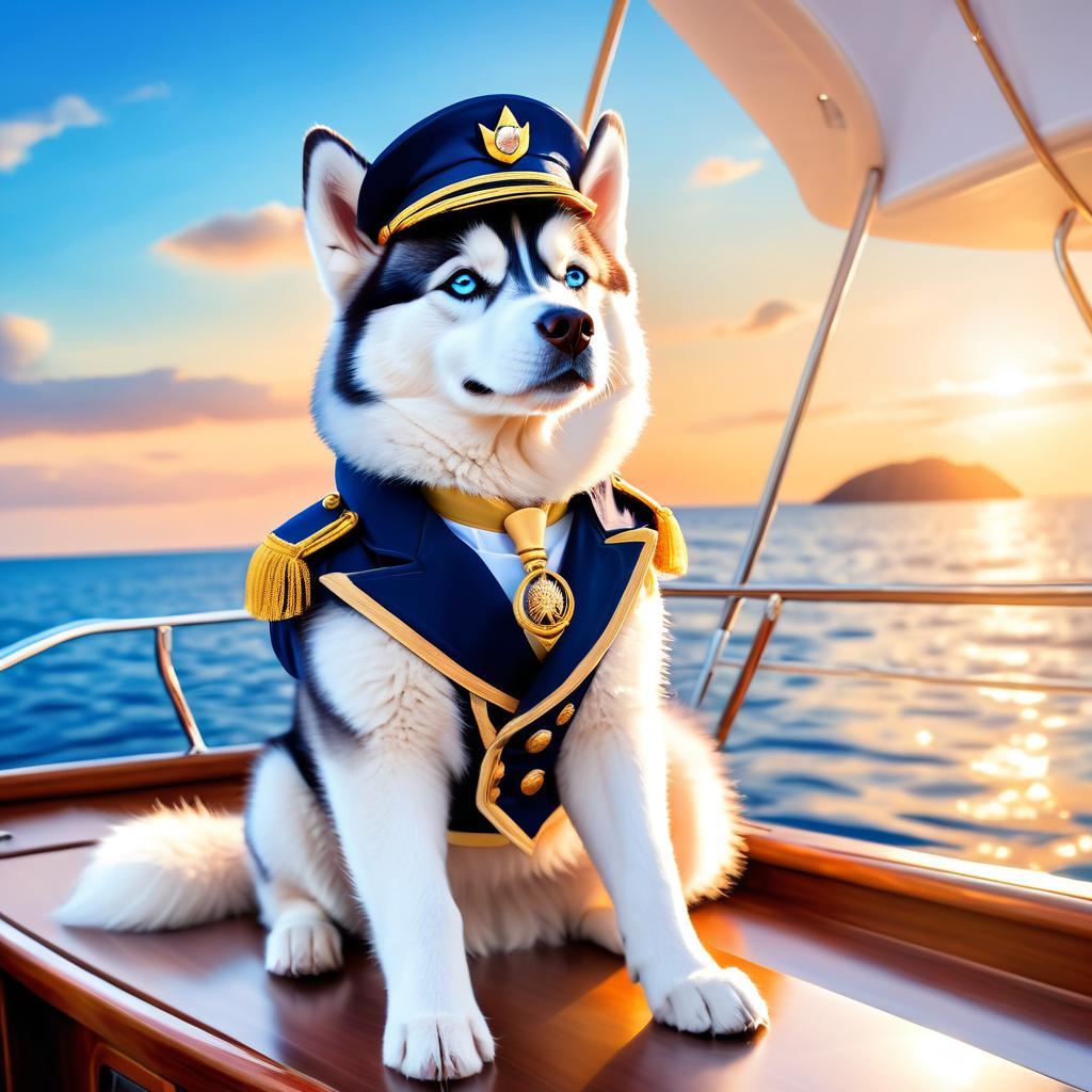 siberian husky as a captain on a luxury yacht, wearing captain uniform, ethereal and majestic.