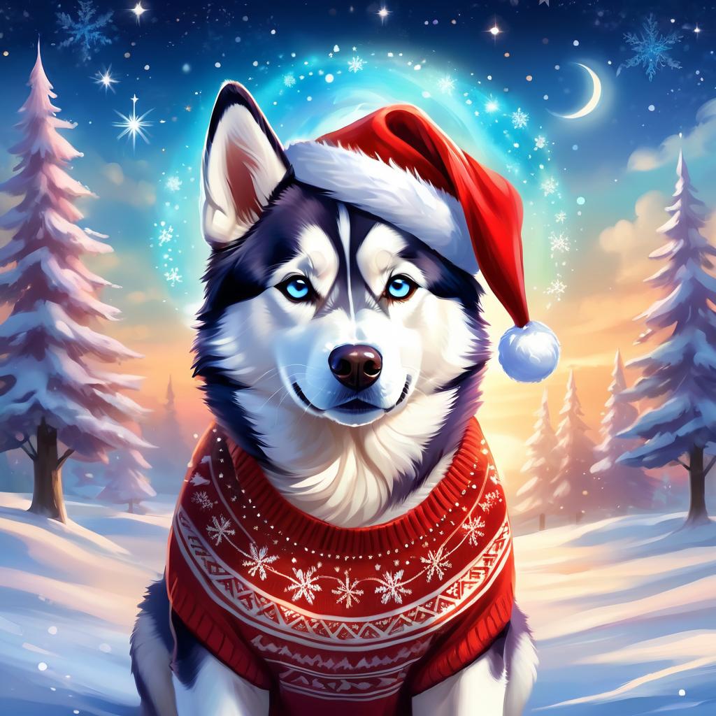 siberian husky in a christmas sweater and santa hat, ethereal and magical.