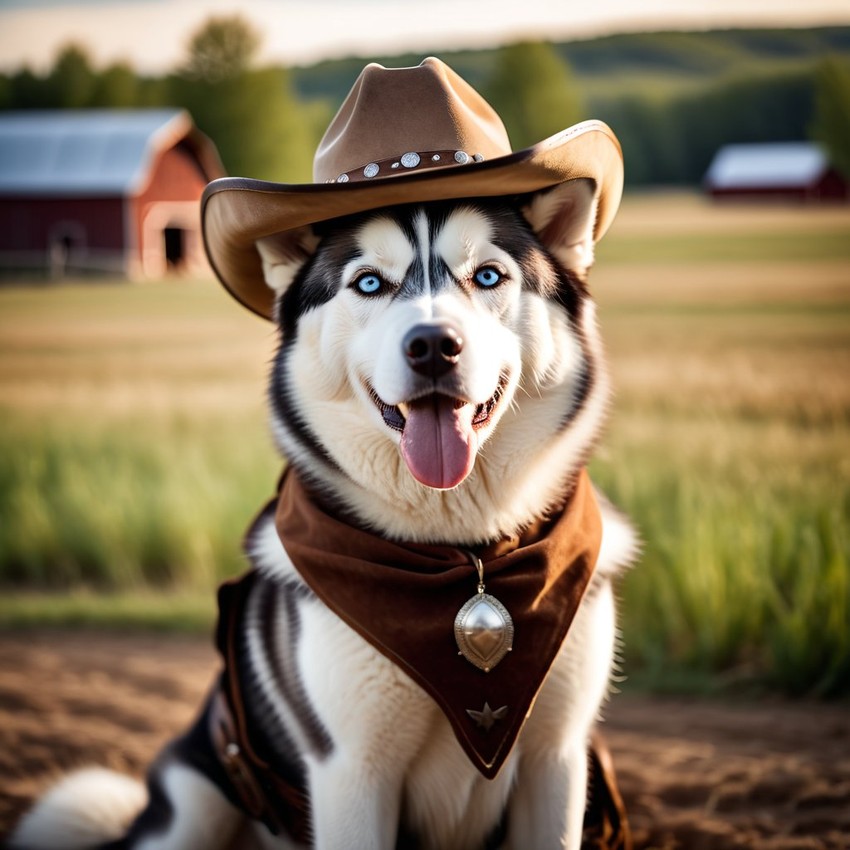 siberian husky as a cowboy wearing a hat, in the midwest countryside, on a farm.