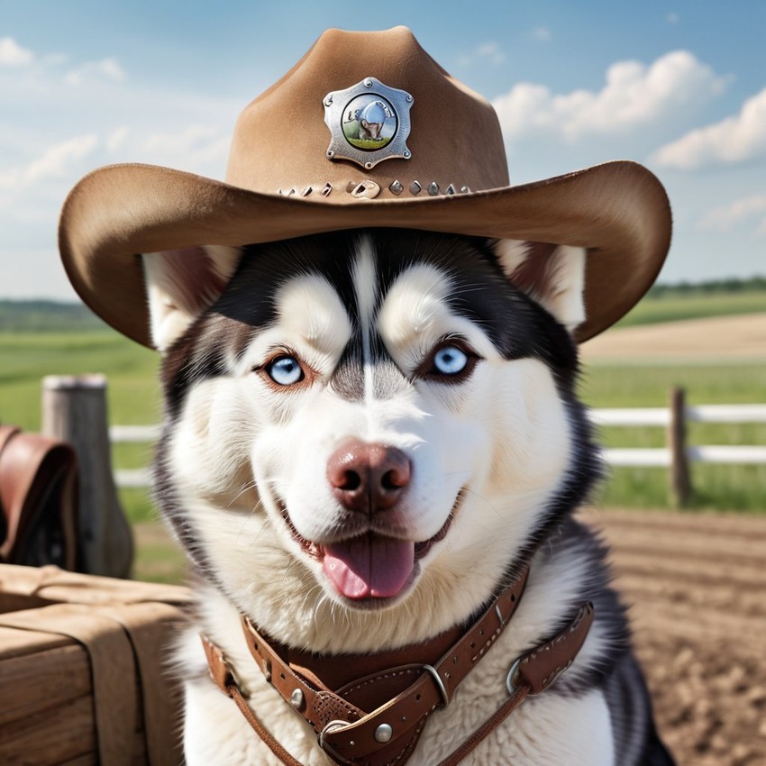 siberian husky as a cowboy wearing a hat, in the midwest countryside, on a farm.