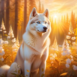 siberian husky during golden hour, with a celestial and magical atmosphere, capturing their beauty in a dreamy setting.