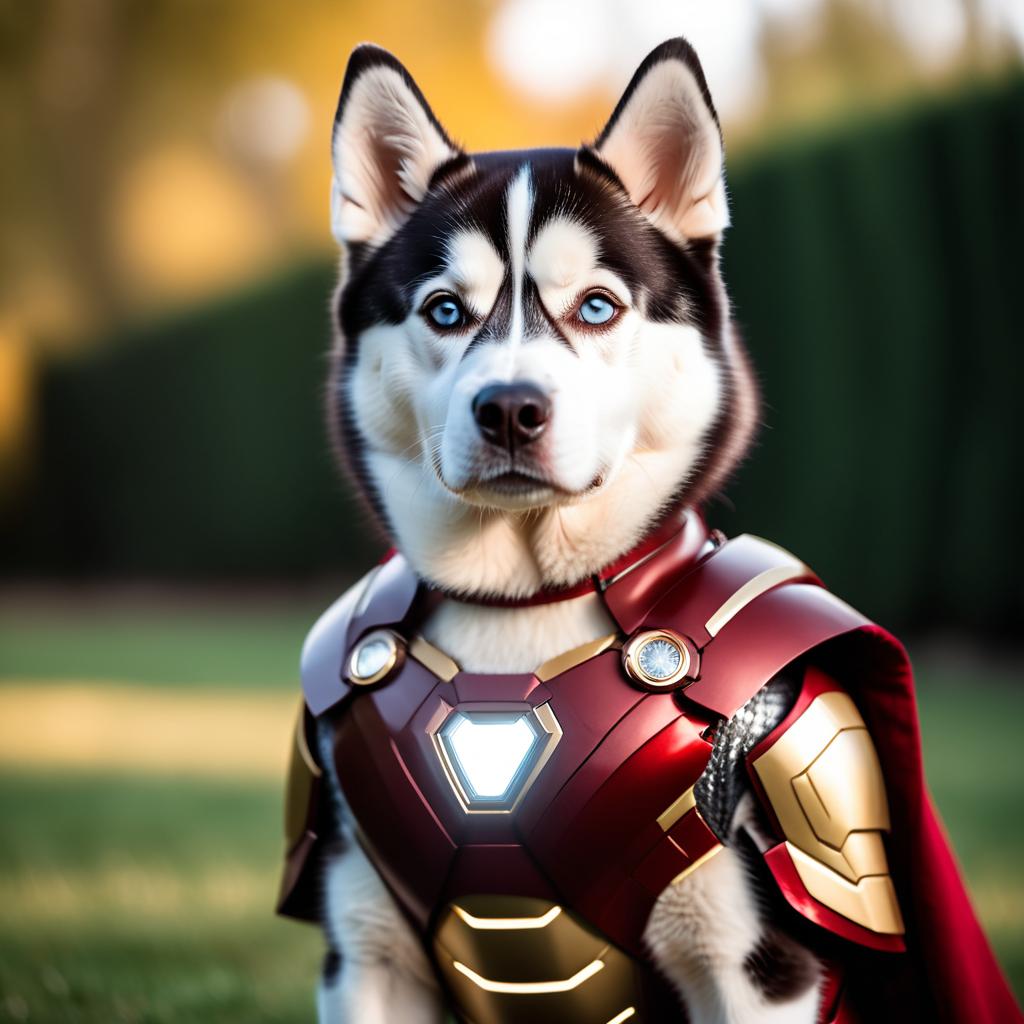 siberian husky as iron man, featuring a detailed iron man costume and a high-budget movie scene.