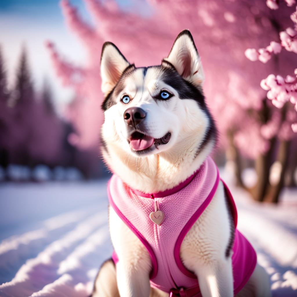 siberian husky dressed in pink clothing, in a beautiful pink scene, radiating joy and cuteness.