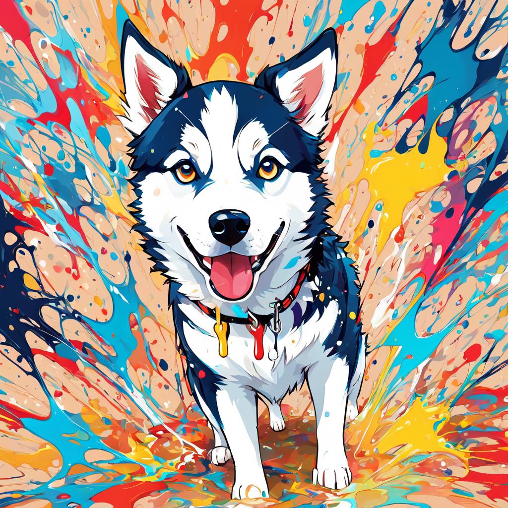 siberian husky in pollock's drip technique, capturing dynamic and colorful modern art.