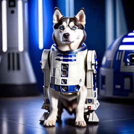 siberian husky as r2d2 from star wars, dressed as r2d2 in a detailed star wars scene.