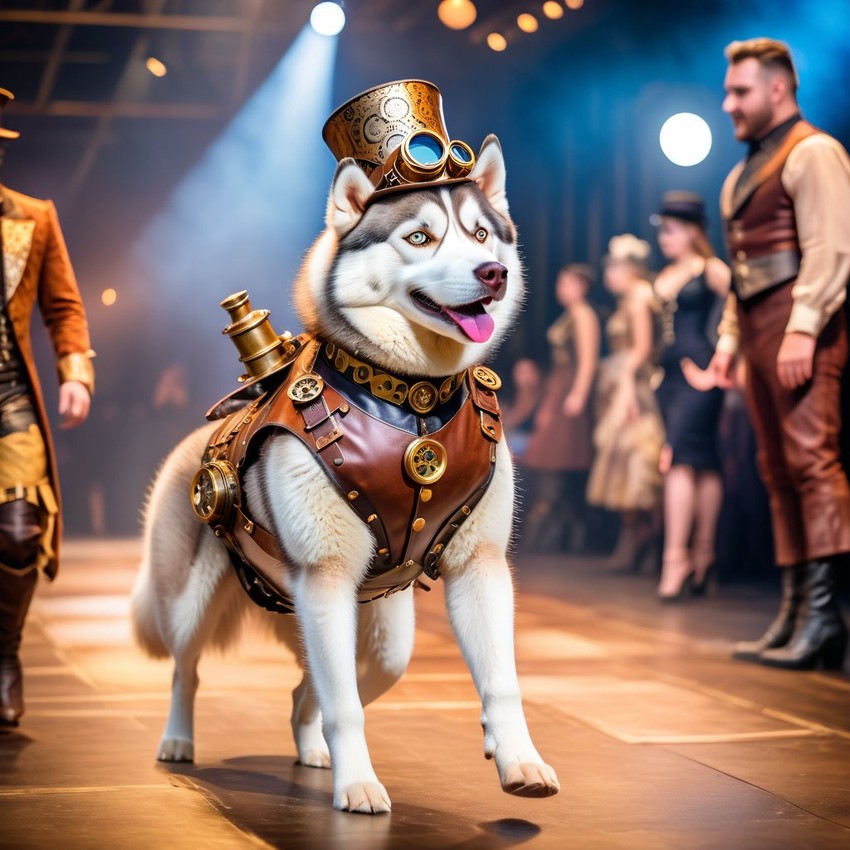 siberian husky strutting down the fashion show catwalk stage in an elaborate steampunk outfit featuring leather harnesses, brass gears, and a top hat, high energy and dramatic.