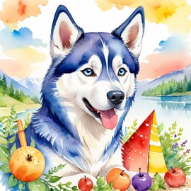 watercolor illustration of siberian husky in children's book style, vibrant and detailed, drawn by don freedman.