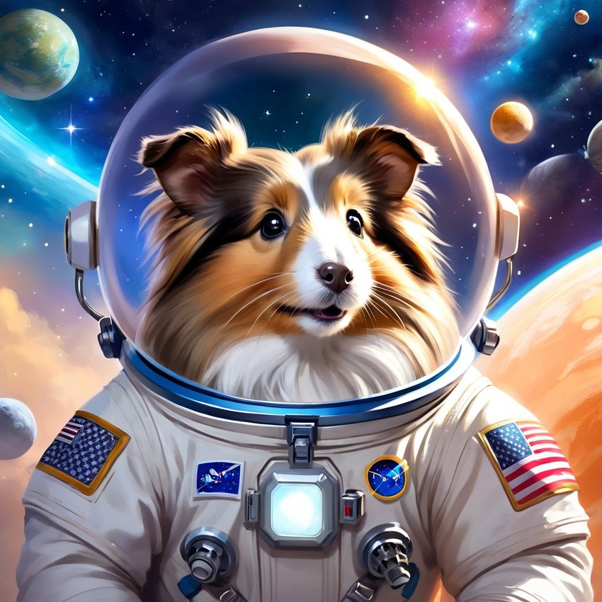 silkie (sheltie) guinea pig as astronaut in space, ethereal and magical style, wearing spacesuit.