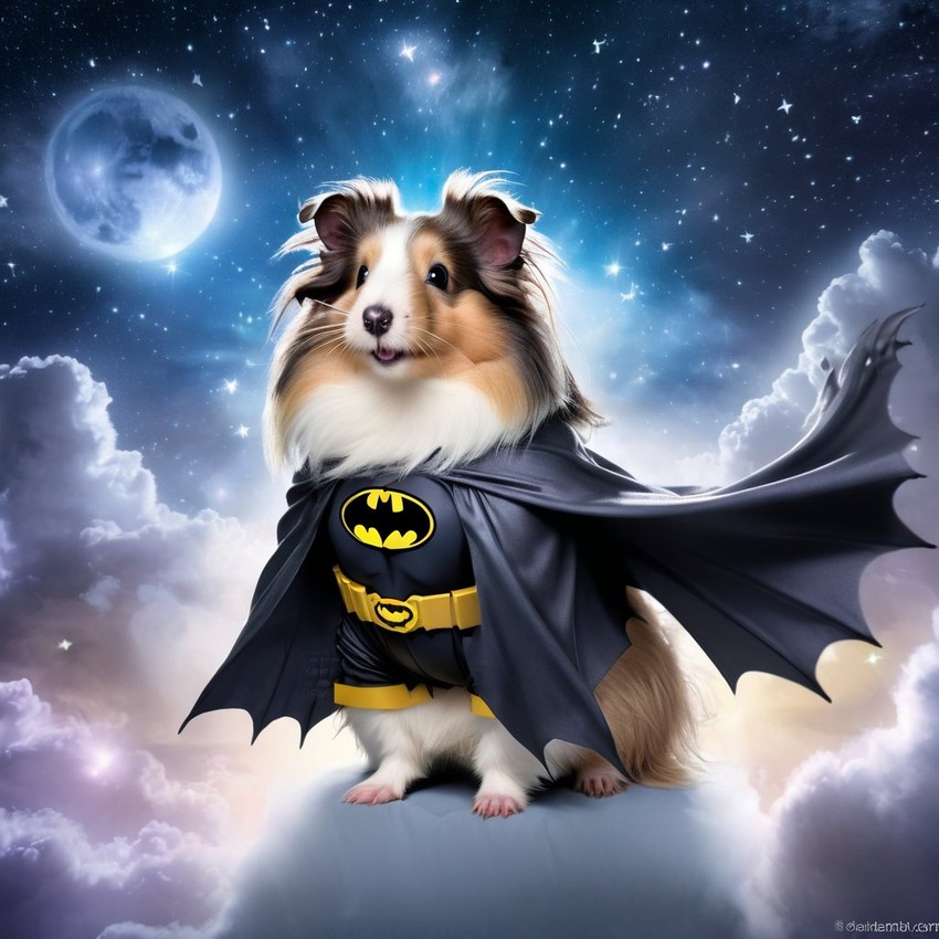 silkie (sheltie) guinea pig as batman, ethereal and majestic, wearing batman suit and mask.