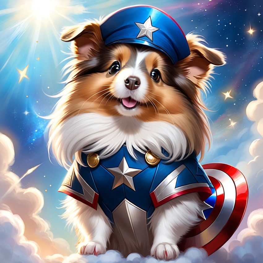 silkie (sheltie) guinea pig as captain america from avengers, ethereal and magical.