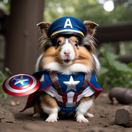 silkie (sheltie) guinea pig as captain america from avengers, in action, cute and happy.