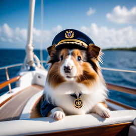 silkie (sheltie) guinea pig as a captain on a luxury yacht, wearing captain uniform, against a blue sea.