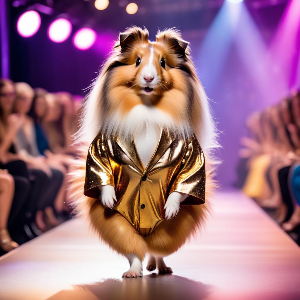 silkie (sheltie) guinea pig strutting down the fashion show catwalk stage in a sleek metallic bodysuit with led accents, high energy and dramatic.